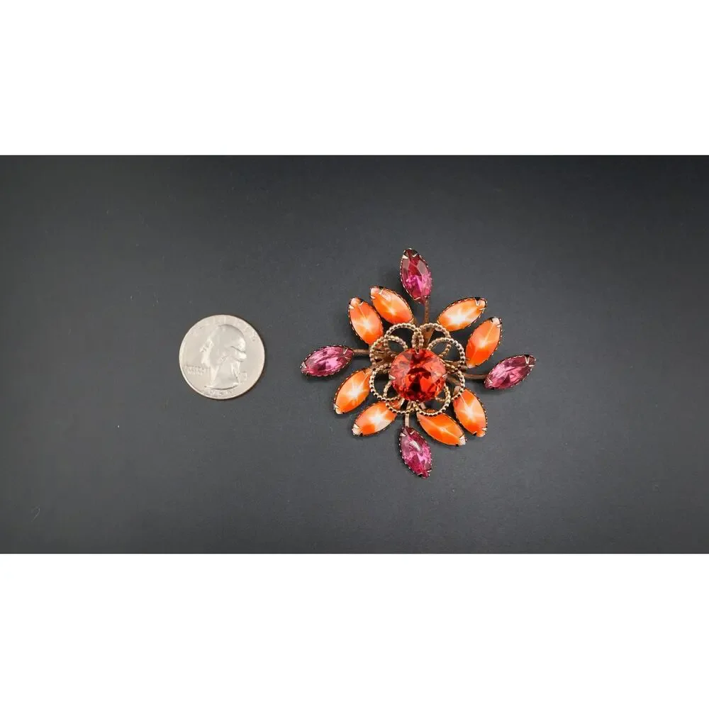 Vintage Atomic Starburst Brooch Orange Pink Rhinestone 2 in‎ MCM Retro Statement